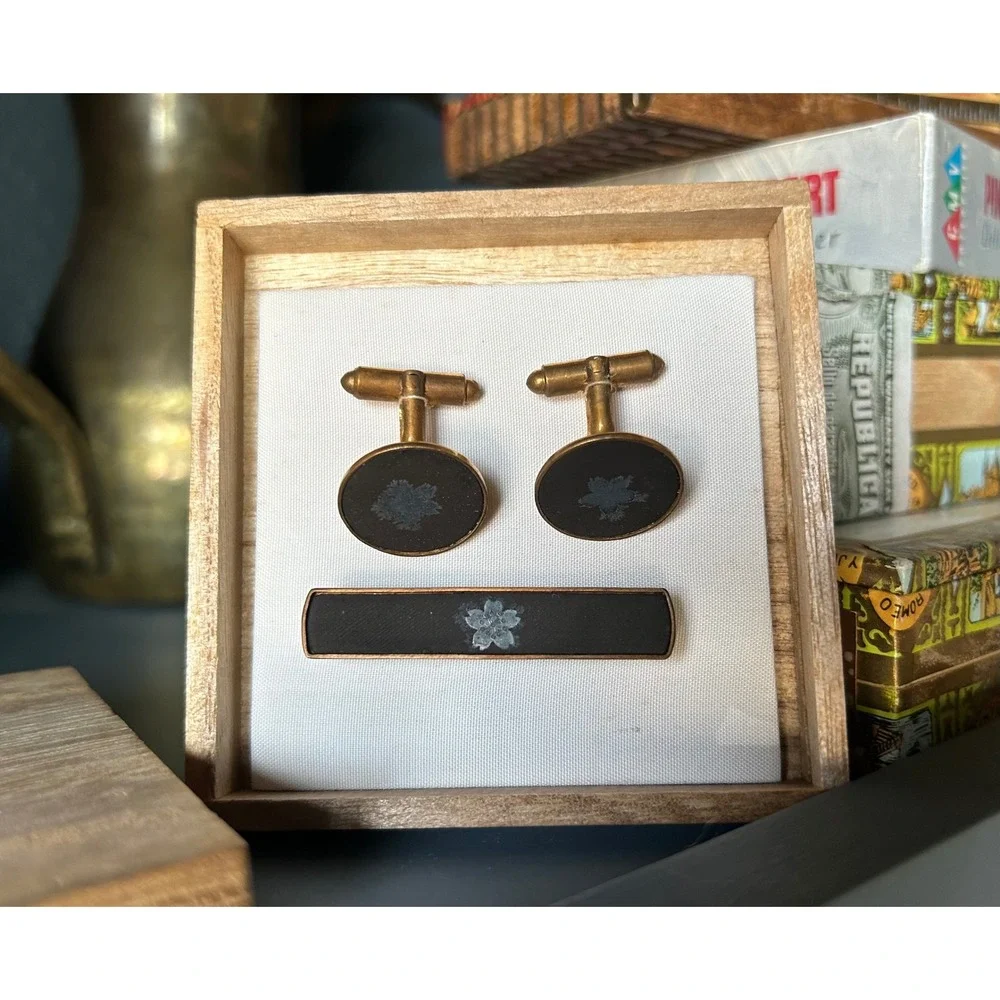 Vintage Damascene Cufflinks and Tie Bar Set Black Gold Silver Floral Wood Box